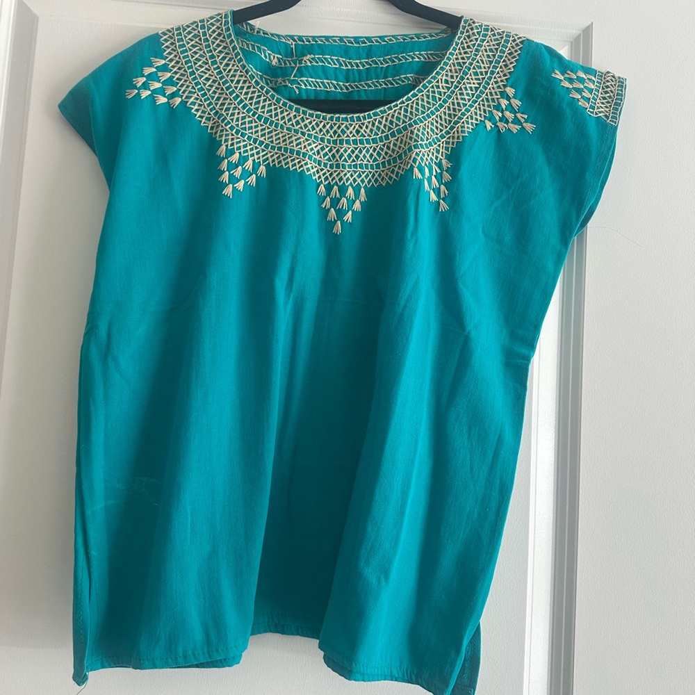 Turquoise Top with Beige Detailing